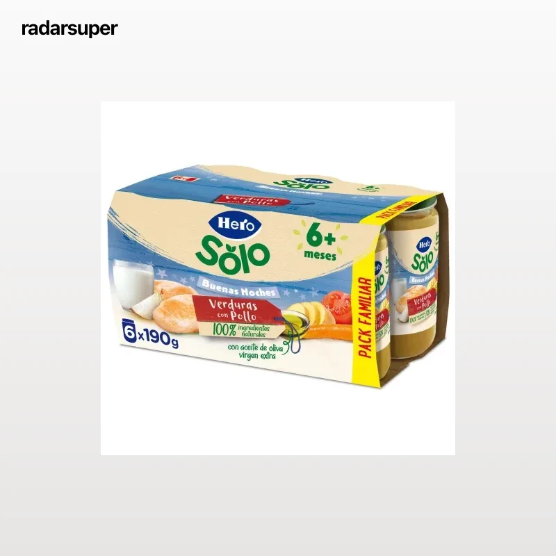 Tarrito de verduritas con pollo desde 6 meses Hero Solo Buenas Noches sin gluten pack de 6 unidades 190 g.