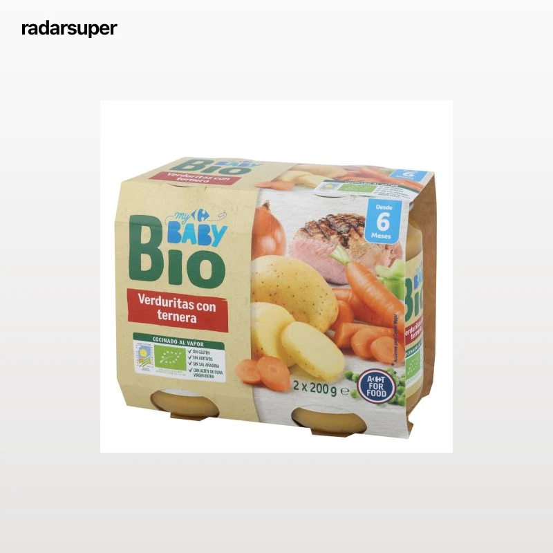 Tarrito de verduritas con ternera desde 6 meses ecológico My Carrefour Baby Bio sin gluten pack de 2 unidades de 200 g