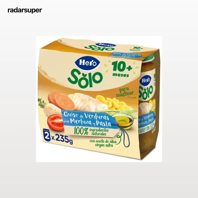 Tarrito guiso verduras con merluza y pasta desde 10 meses Hero Solo pack de 2 unidades de 235 g.