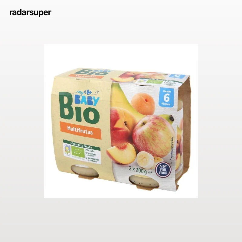 Tarrito multifrutas desde 6 meses ecológica My Carrefour Baby Bio sin gluten y sin azúcar añadido pack de 2 unidades de 200 g.