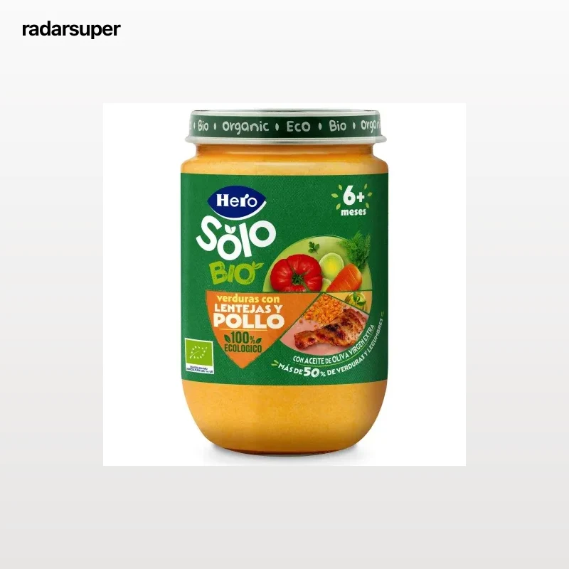 Tarrito verduras con lentejas y pollo desde 6 meses ecológico Hero Solo sin gluten 190 g.