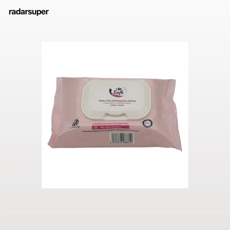Toallitas desmaquillantes hidratante y refrescantes para piel seca y sensible cara y ojos Carrefour Soft 25 ud.