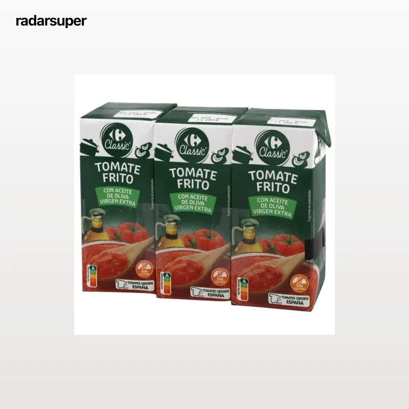 Tomate frito con aceite de oliva virgen extra Carrefour pack de 3 briks de 390 g.