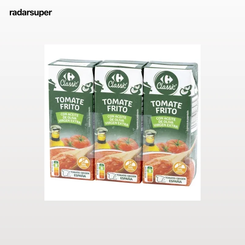Tomate frito con aceite de oliva virgen extra Carrefour sin gluten pack de 3 briks de 215 g.