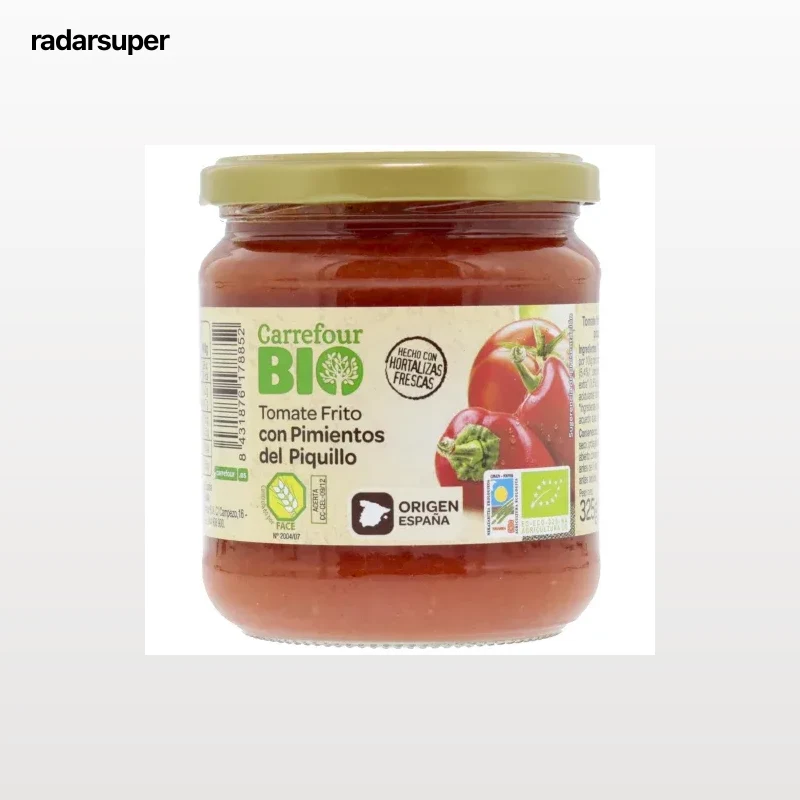Tomate frito ecológico con pimientos de piquillo Carrefour Bio sin gluten tarro 325 g.