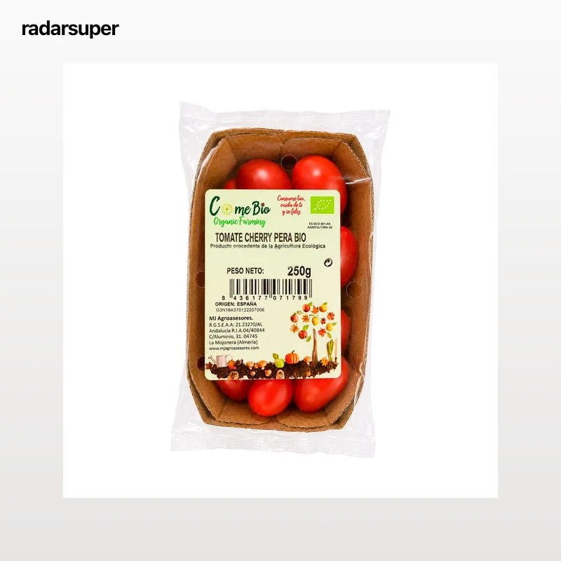 Tomates cherry pera ecológicos, tarrina 250 g.