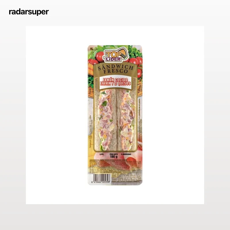 TOP LIDER Sandwich de pan blanco con jamón cocido de categoria extra y dos quesos (Edam y Cheddar) TOP LIDER 180 g.