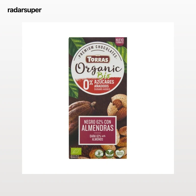 TORRES Bio Chocolate negro (62% cacao) ecológico con edulcorantes y almendras 100 g.
