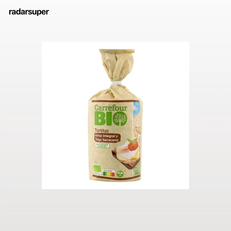 Tortitas de arroz integral y trigo sarraceno ecológicas Carrefour Bio sin gluten 115 g.
