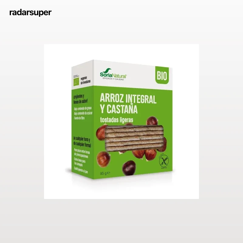 Tostadas ligeras de arroz integral y castaña ecológicas Soria Natural sin gluten 95 g.