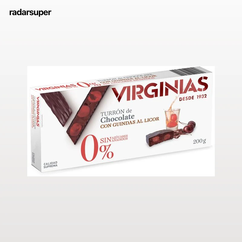 Turrón de chocolate con guindas al licor sin azúcares añadidos Virginias 200g