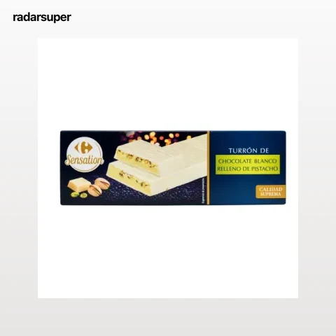 Turrón de chocolate blanco relleno de pistacho Carrefour Sensation 150 g.