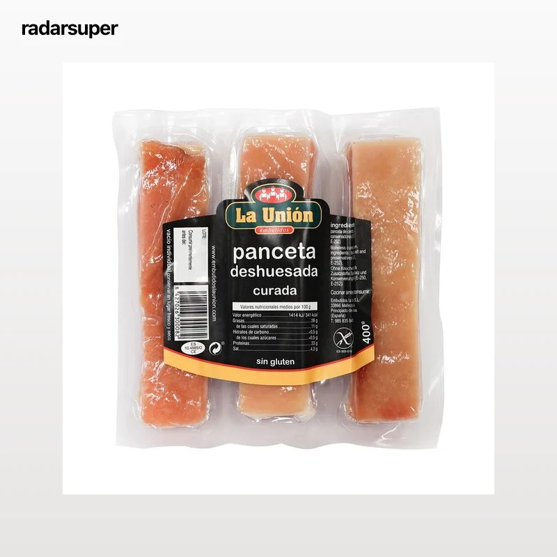 LA UNIÓN Panceta curada deshuesada, envasada al vacio y elaborada sin gluten 400 g.