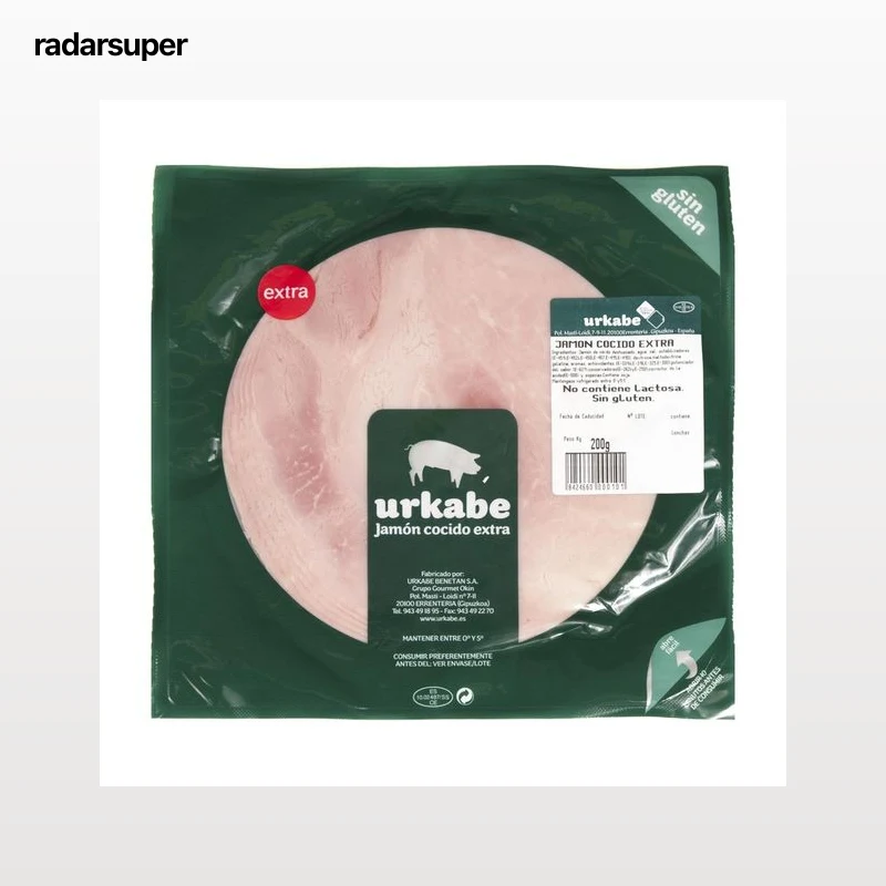 URKABE Jamón cocido extra, sin gluten y sin lactosa, cortado en lonchs URKABE 200 g.