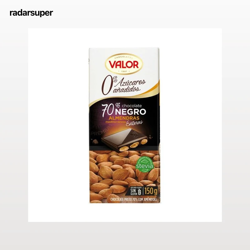 VALOR Chocolate 70% negro con almendras enteras 0% azúcares añadidos 150 g.