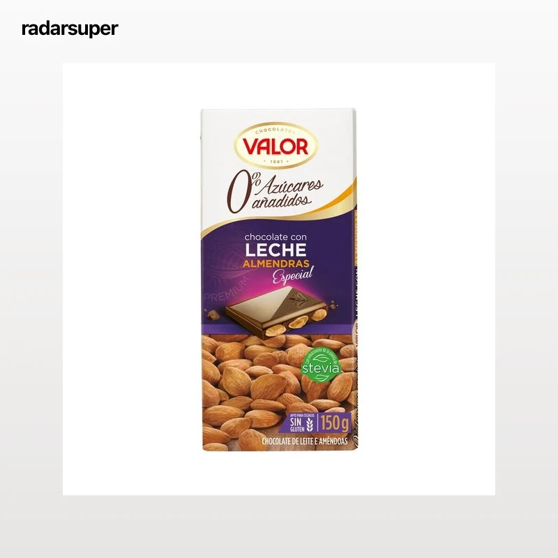 VALOR Chocolate con leche y almendras sin azúcares añadidos tableta de 150 g.