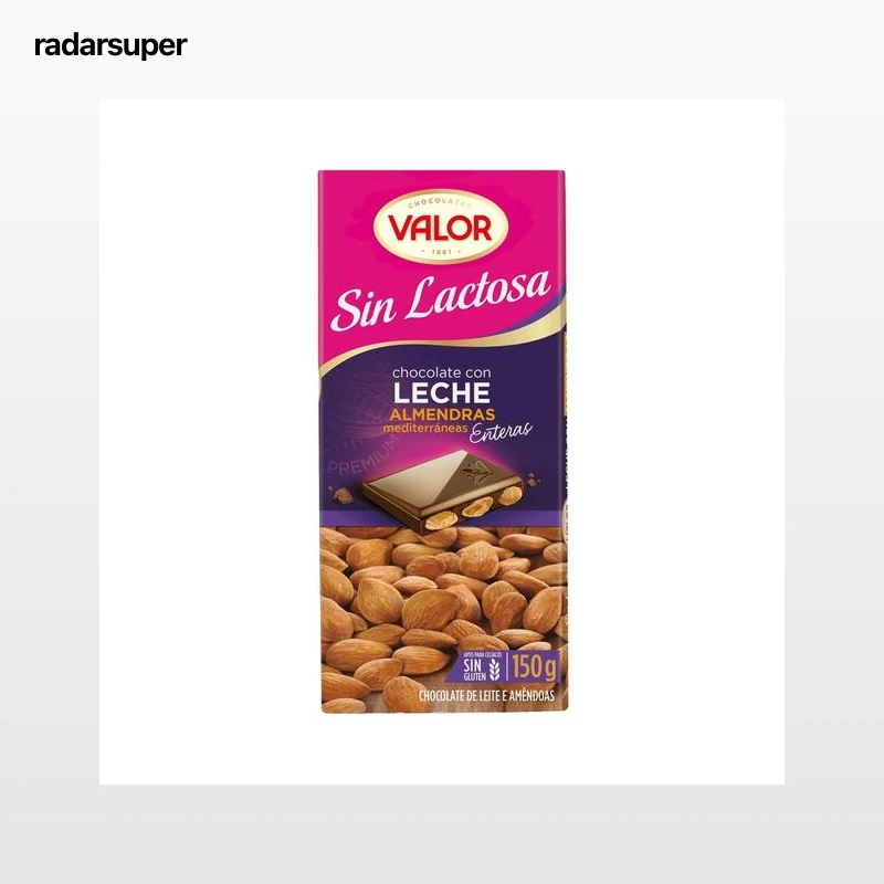 VALOR Chocolate con leche y almendras, sin lactosa y sin gluten 150 g.