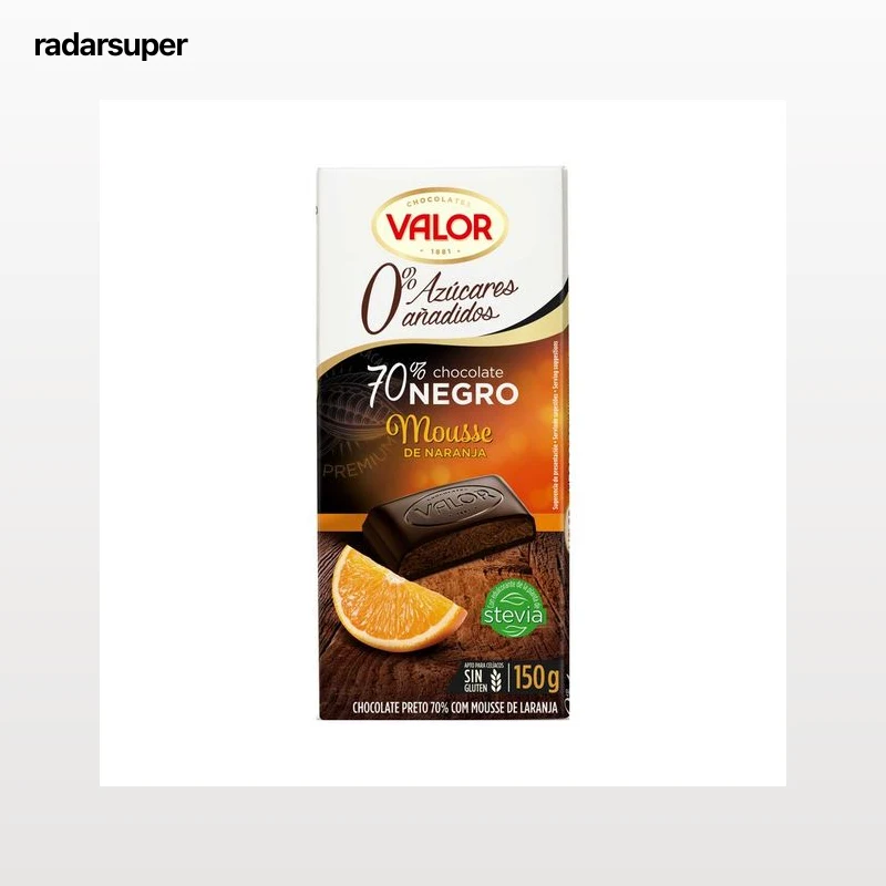 VALOR Chocolate negro 70% relleno naranja, sin azúcares añadidos tableta de 150 g.