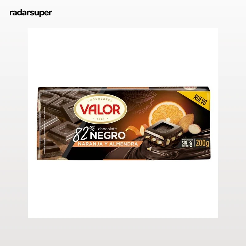 VALOR Chocolate negro (82 % cacao) con naranja y almendra 200 g.