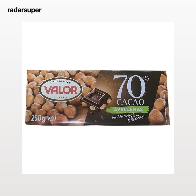 VALOR Chocolate negro con avellanas enteras 70% cacao sin gluten 250 g.