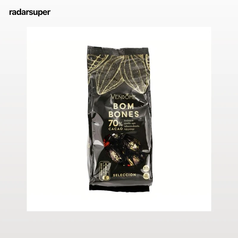 VENDOME Surtido de bombones de chocolate negro (70 % cacao) rellenos de almendra, trufa y naranja 180 g.