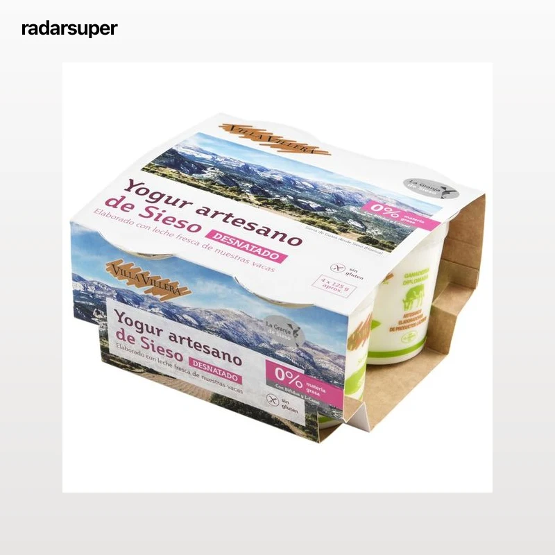VILLA VILLERA Yogur artesano de Sieso, desnatado 0% materia grasa, natural y sin gluten 4 x 125 g.