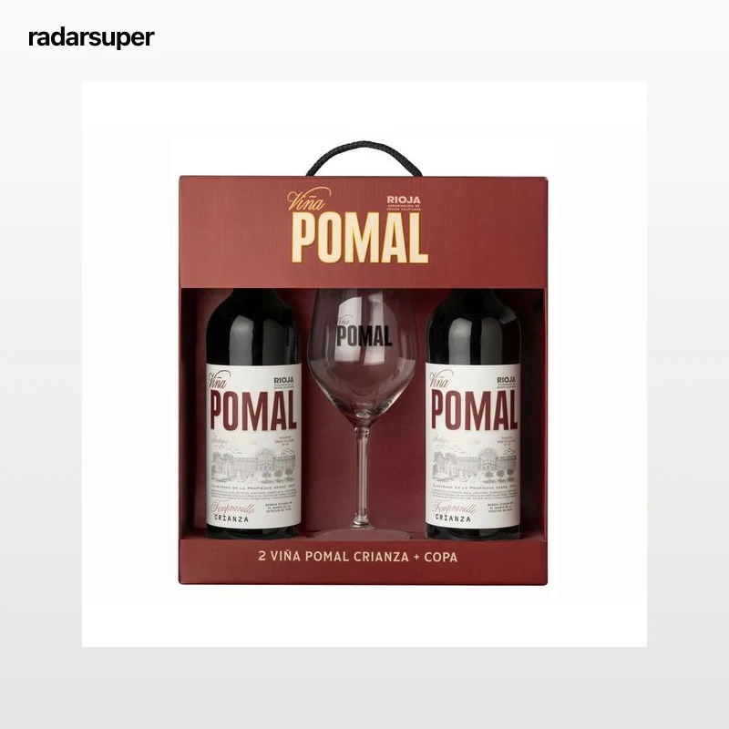 VIÑA POMAL Estuche con 2 botellas vino tinto crianza con D.O Ca. Rioja + copa.