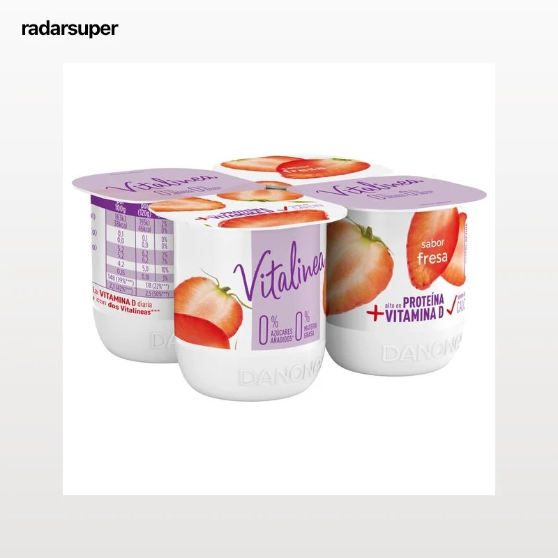 VITALINEA Yogur desnatado 0% materia grasa, con sabor a fresa de Danone 4 x 120 g.
