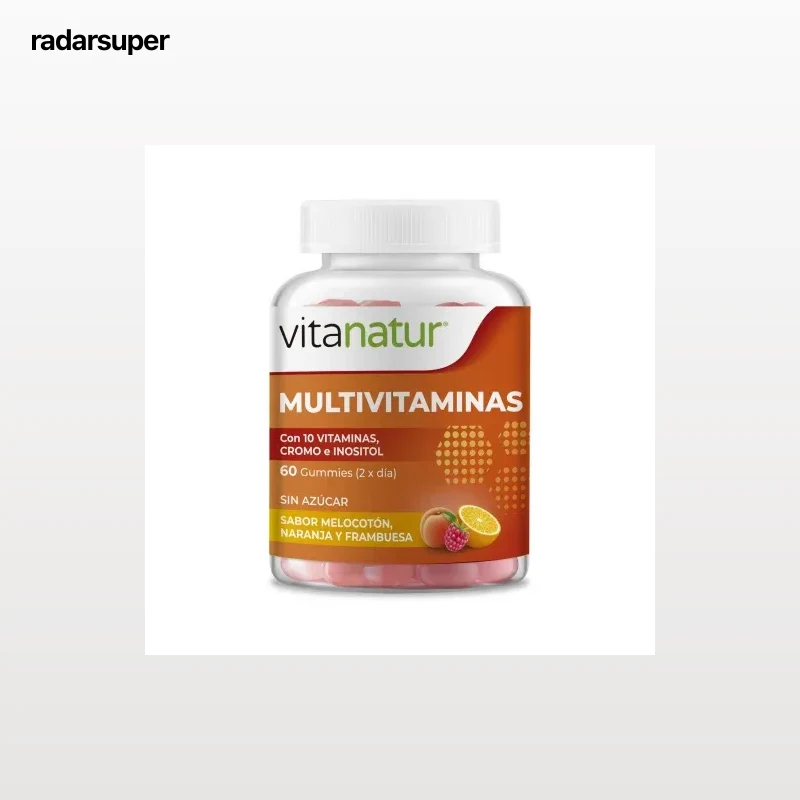 Vitanatur multivitaminas sabor melocotón, naranja y frambuesa sin azucar, sin gluten y sin lactosa 60 ud.