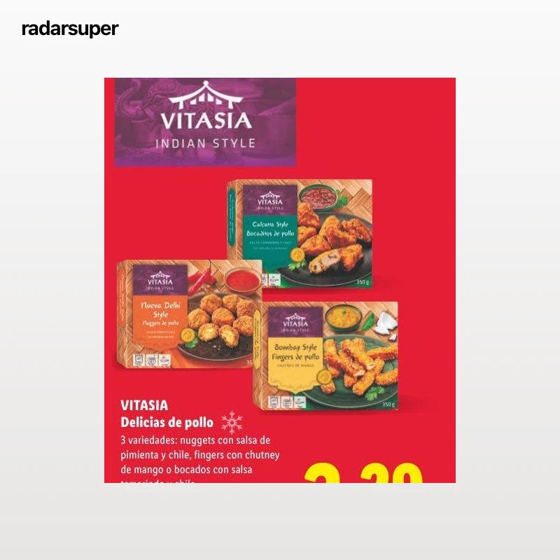 VITASIA Delicias de pollo - nuggets con salsa de pimienta y chile, fingers con chuney de mango o bocados con salsa tamarindo y chile