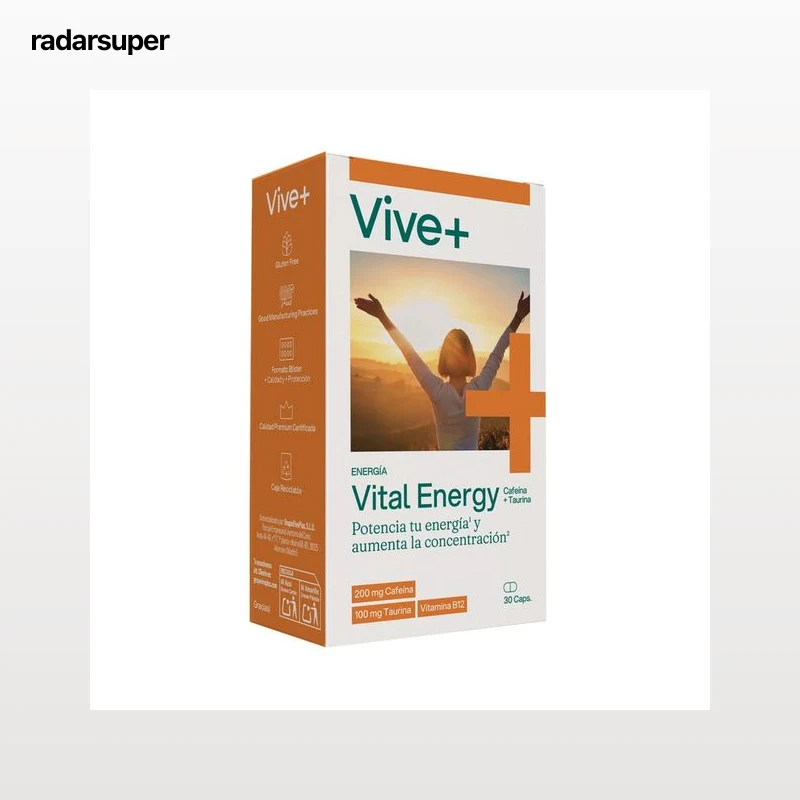VIVE+ Vital energy Complemento alimenticio a base de cafeina, taurina y vitamina B12 30 uds.