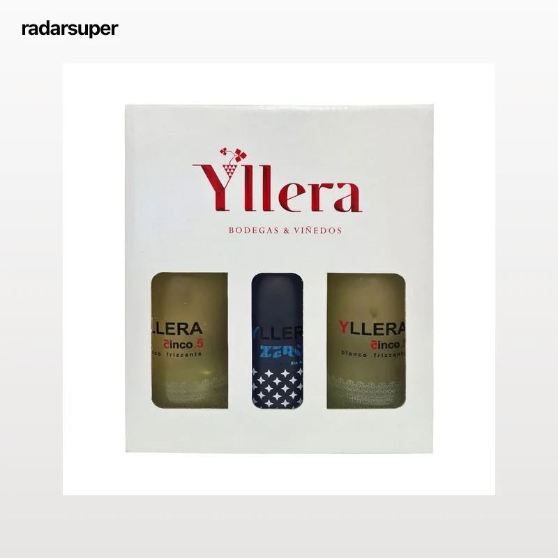 YLLERA Estuche con 2 botellas de vino blanco frizzante y botella de vino blanco 0.0%.