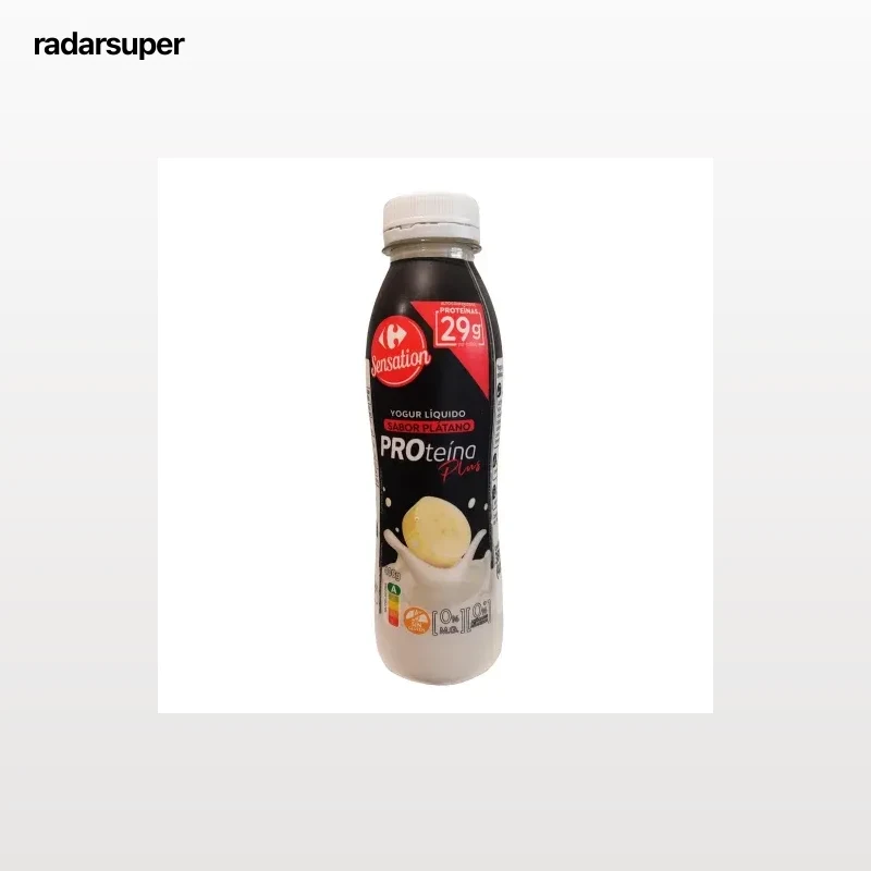 Yogur de proteínas liquido desnatado sabor plátano Carrefour Sensation sin gluten y sin azúcar añadido 400 g.
