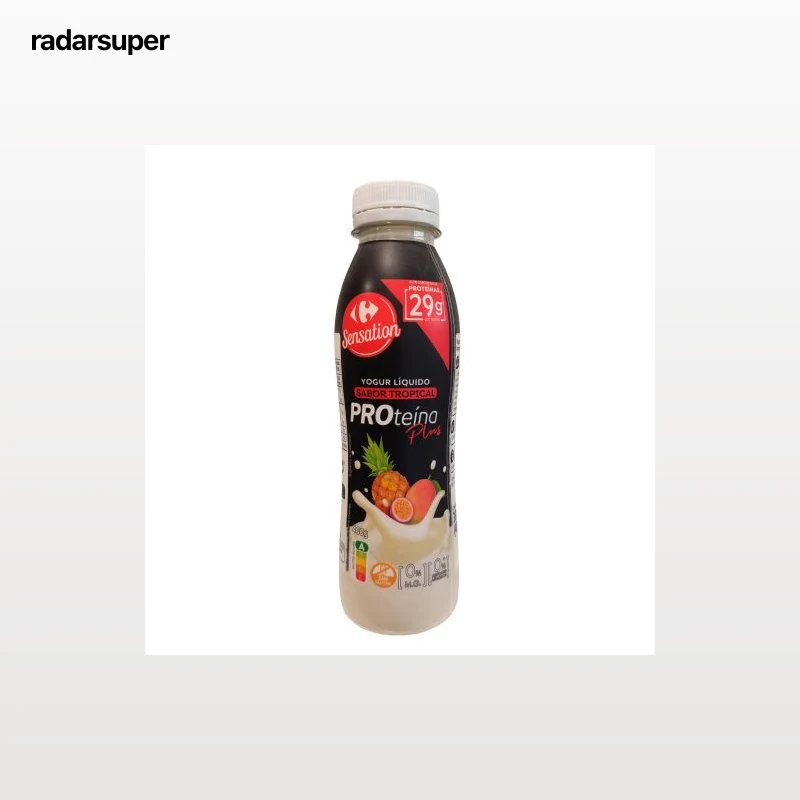 Yogur de proteínas líquido desnatado sabor tropical Carrefour Sensation sin gluten y sin azúcar añadido 400 g.