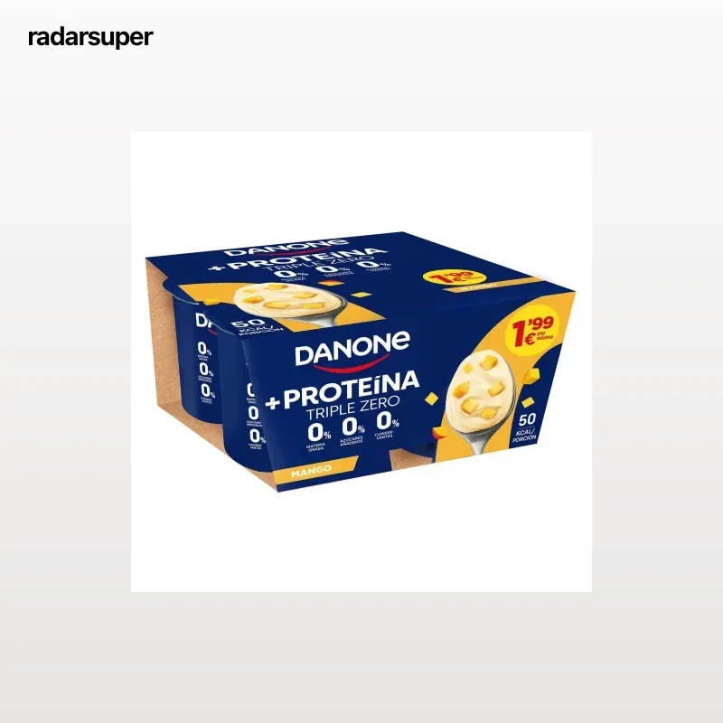Yogur desnatado con mango Danone +Proteína sin gluten y sin azúcar añadida pack de 4 unidades de 105 g.