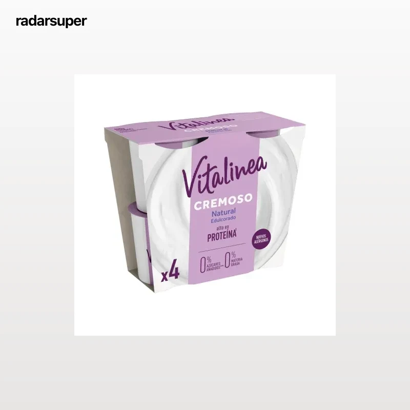 Yogur desnatado cremoso natural edulcorado sin azúcar añadido Danone Vitalinea pack de 4 unidades de 120 g.