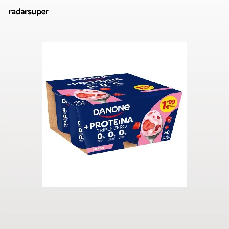 Yogur desnatado proteína con fresa Danone sin gluten y sin azúcar añadido pack 4 unidades de 105 g.