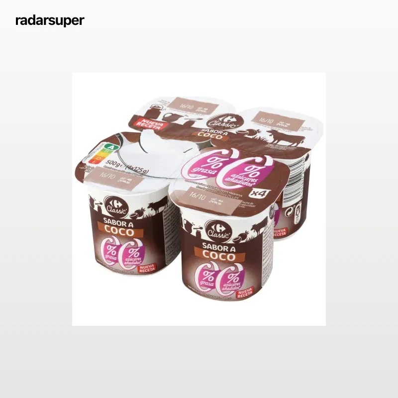Yogur desnatado sabor coco Carrefour Classic' sin azúcar añadido pack de 4 unidades de 125 g.