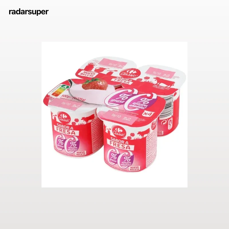 Yogur desnatado sabor fresa Carrefour Classic' sin azúcar añadido pack de 4 unidades de 125 g.