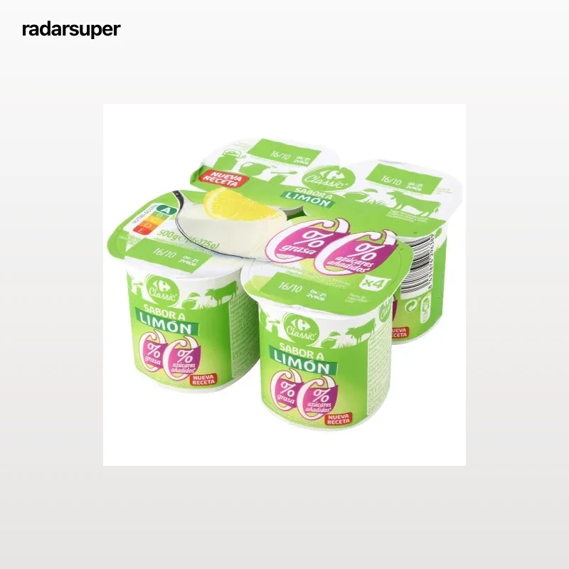 Yogur desnatado sabor limón Carrefour Classic' sin azúcar añadido pack de 4 unidades de 125 g.