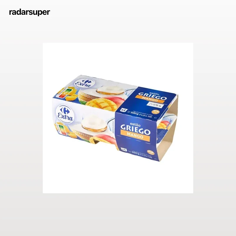 Yogur estilo griego con mango Carrefour sin gluten pack de 4 unidades de 125 g.