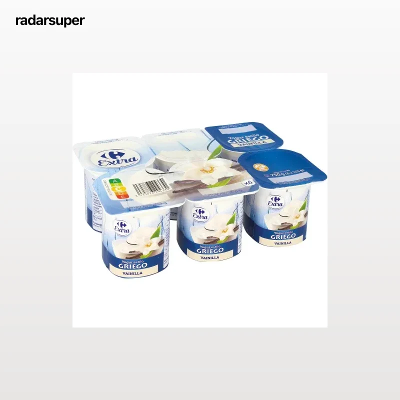 Yogur estilo griego con vainilla Carrefour Extra sin gluten pack de 6 unidades de 125 g.