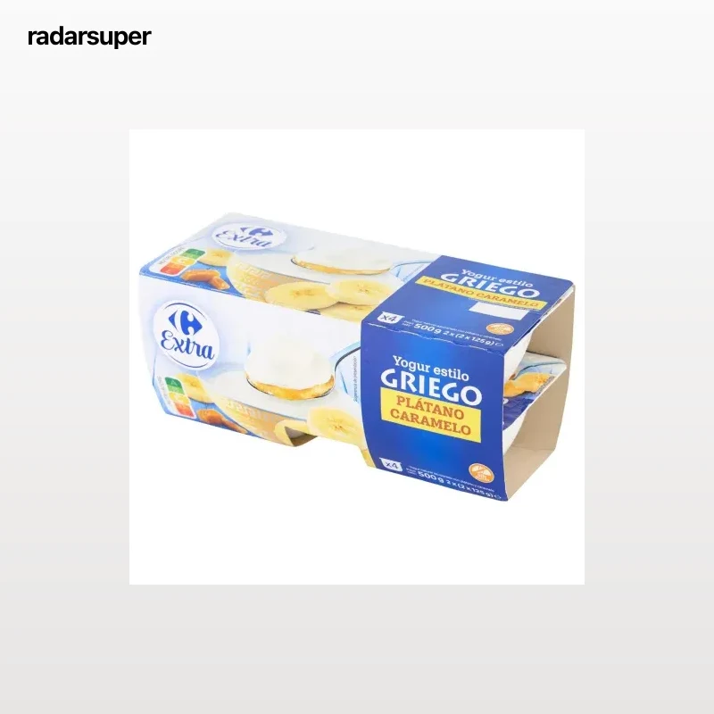 Yogur estilo griego sabor plátano y caramelo Carrefour sin gluten pack de 4 unidades de 125 g.