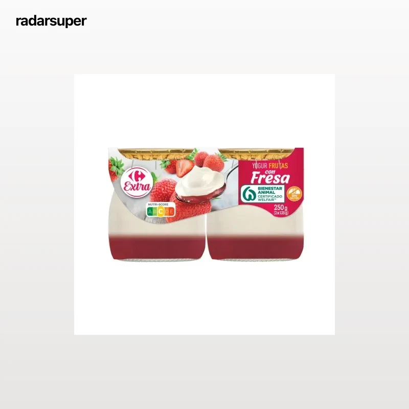 Yogur frutas con fresas Extra Carrefour sin gluten pack de 2 unidades de 125 g.