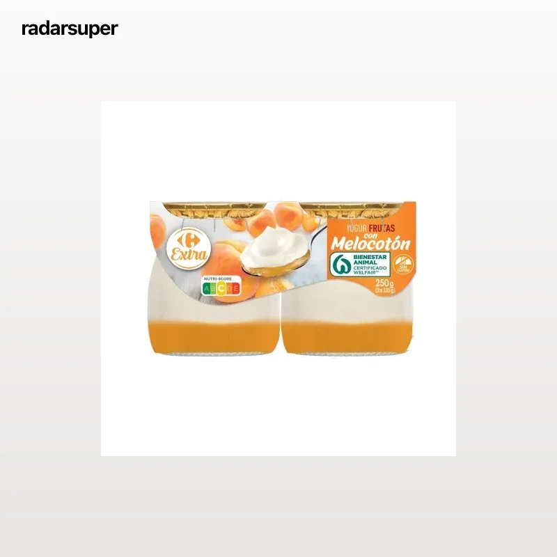 Yogur frutas con melocotón Extra Carrefour sin gluten pack de 2 unidades de 125 g.