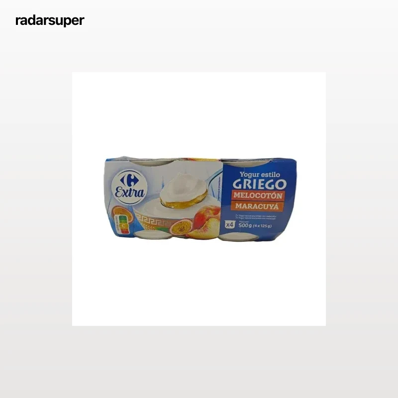 Yogur griego bicapa de maracuyá y de melocotón Carrefour Extra pack de 4 unidades de 125 g.