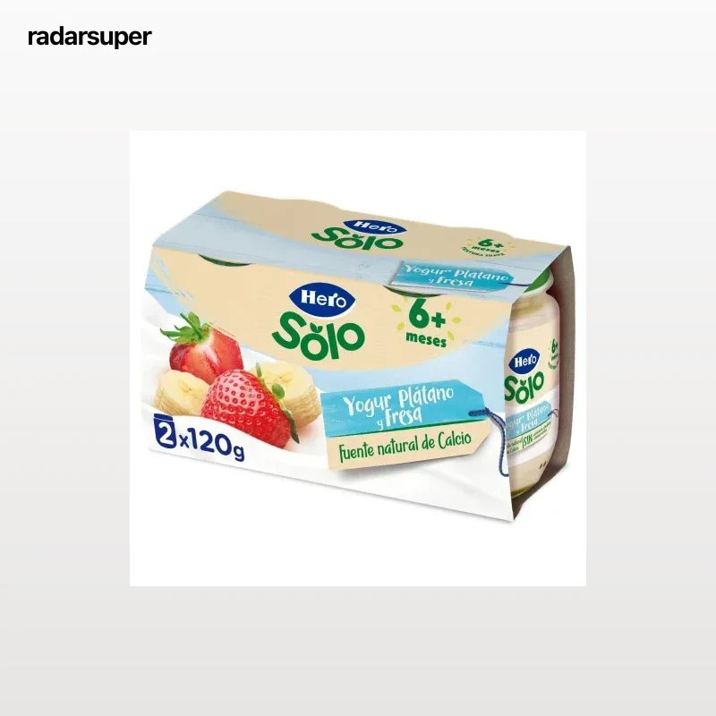 Yogur infantil plátano y fresas desde 6 meses Hero Baby sin gluten y azúcar añadido pack de 2 unidades de 120 g.