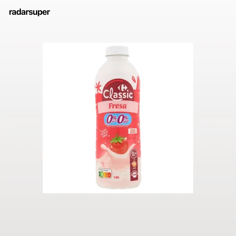Yogur líquido desnatado con fresa y con edulcorante Carrefour Classic sin gluten 1 kg.