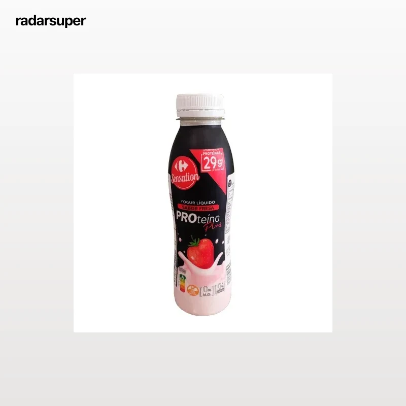 Yogur liquido desnatado sabor fresa proteína plus Carrefour Sensation sin gluten y sin azúcar añadido 400 g.