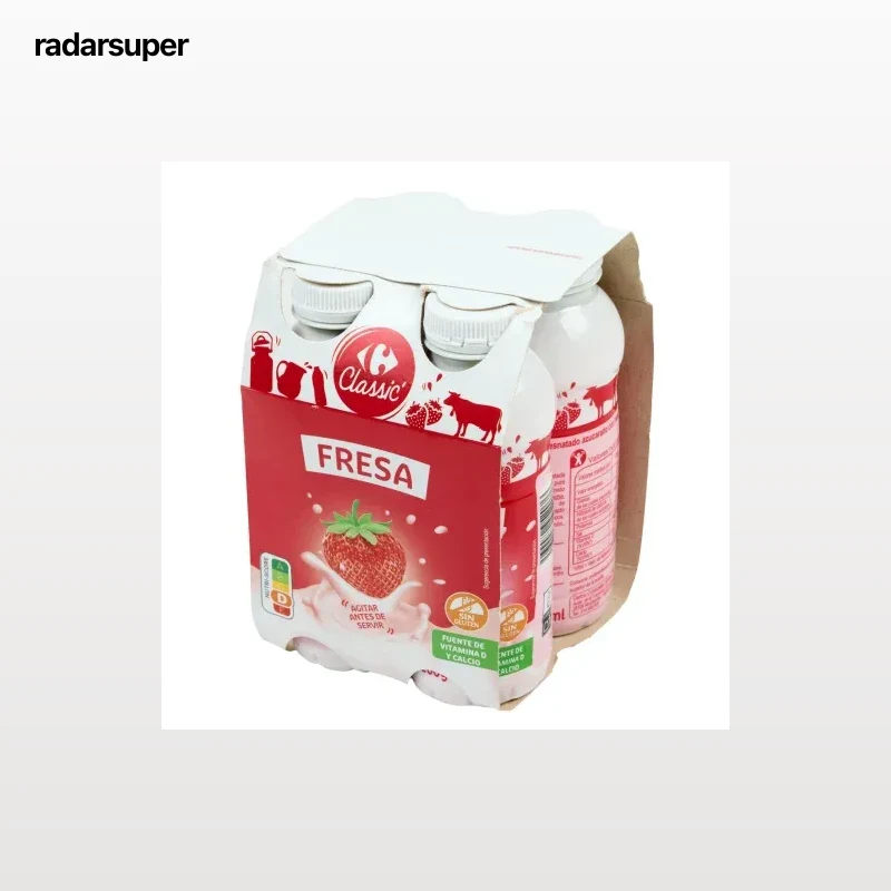 Yogur líquido semidesnatado de fresa Carrefour Classic sin gluten pack de 4 unidades de 200 ml.